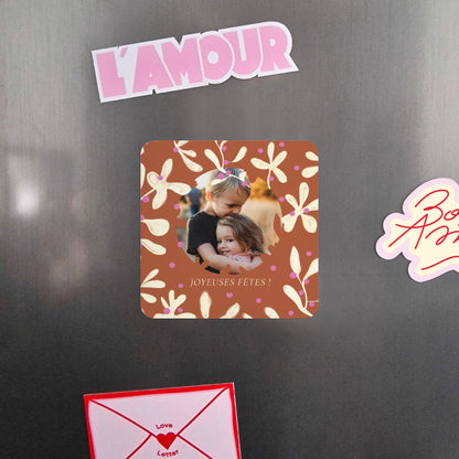 Carte de Noel Fin d'année Lot de 8, magnétique, carré coins arrondis Houx fuchsia photo N° 4