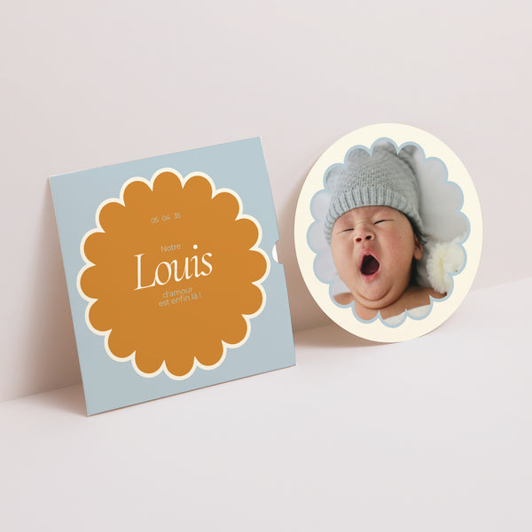 Faire-part Naissance Pochette disque Ambre bleu photo