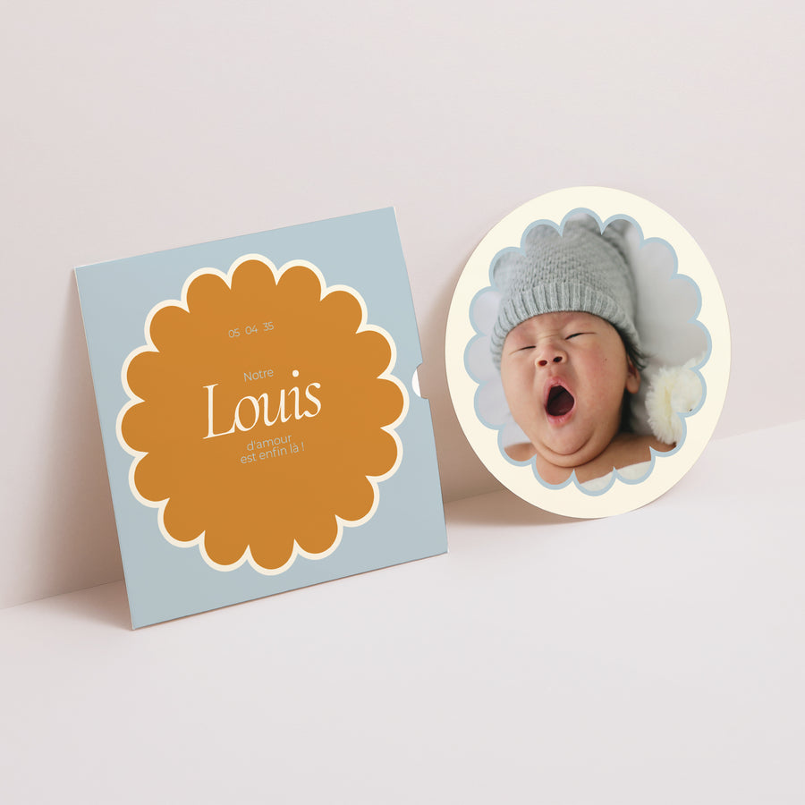 Faire-part Naissance Pochette disque Ambre bleu photo