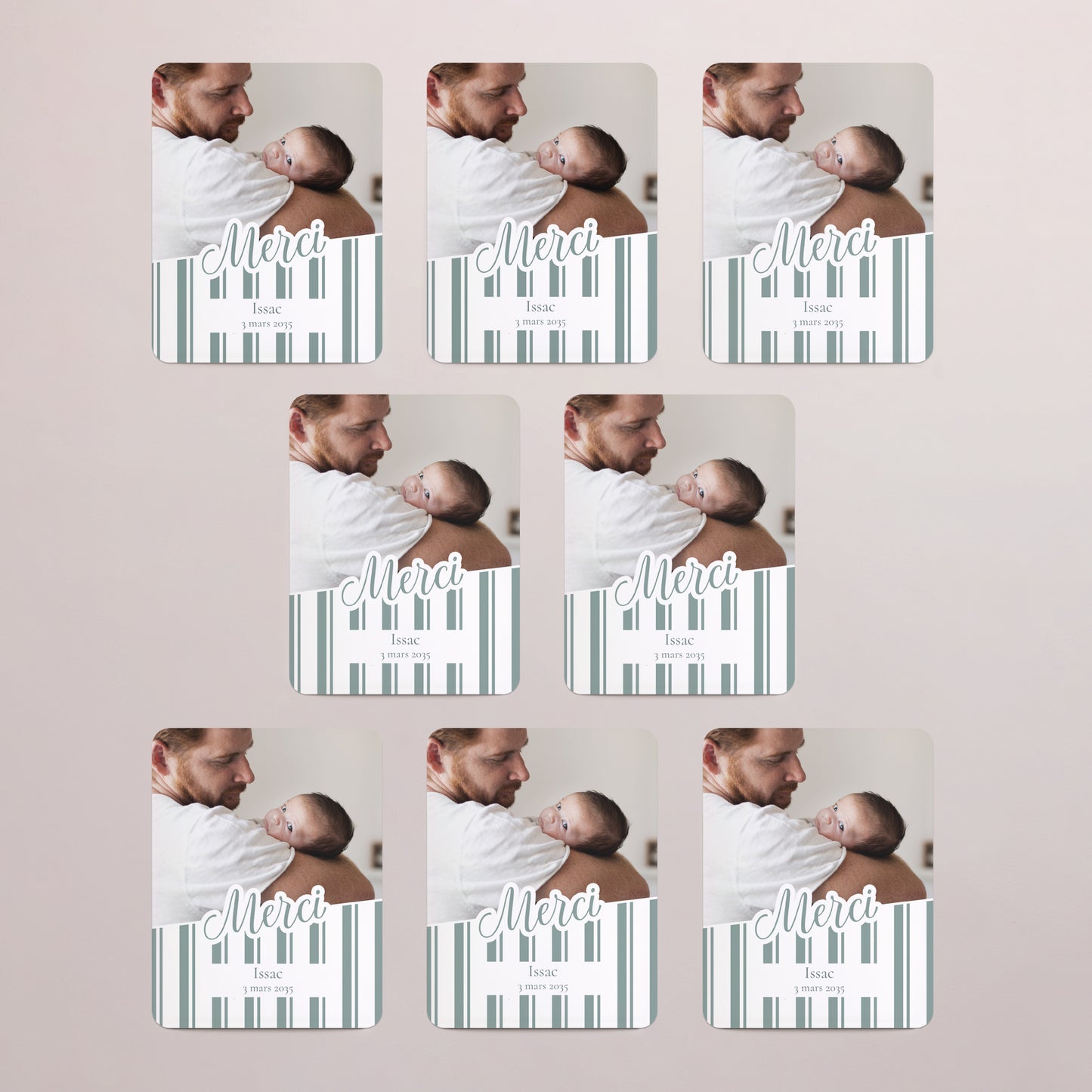 Remerciements Naissance Lot de 8, magnétique, rectangle coins arrondis Notre bébé d'amour - Rayures photo N° 3
