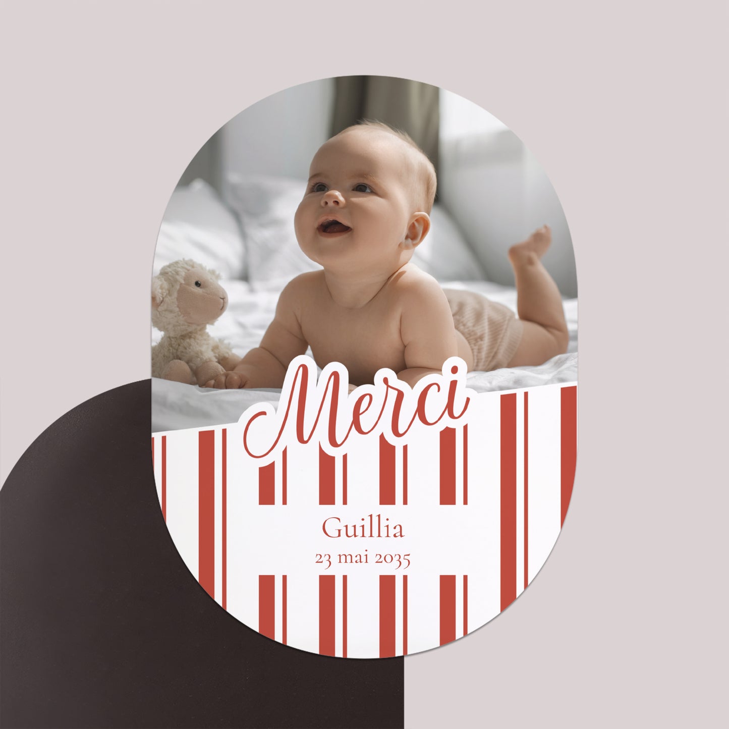 Remerciements Naissance Lot de 8, magnétique, ovale Notre bébé d'amour - Rayures photo N° 1