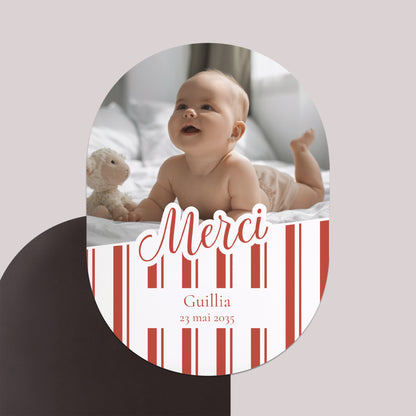 Remerciements Naissance Lot de 8, magnétique, ovale Notre bébé d'amour - Rayures photo N° 1