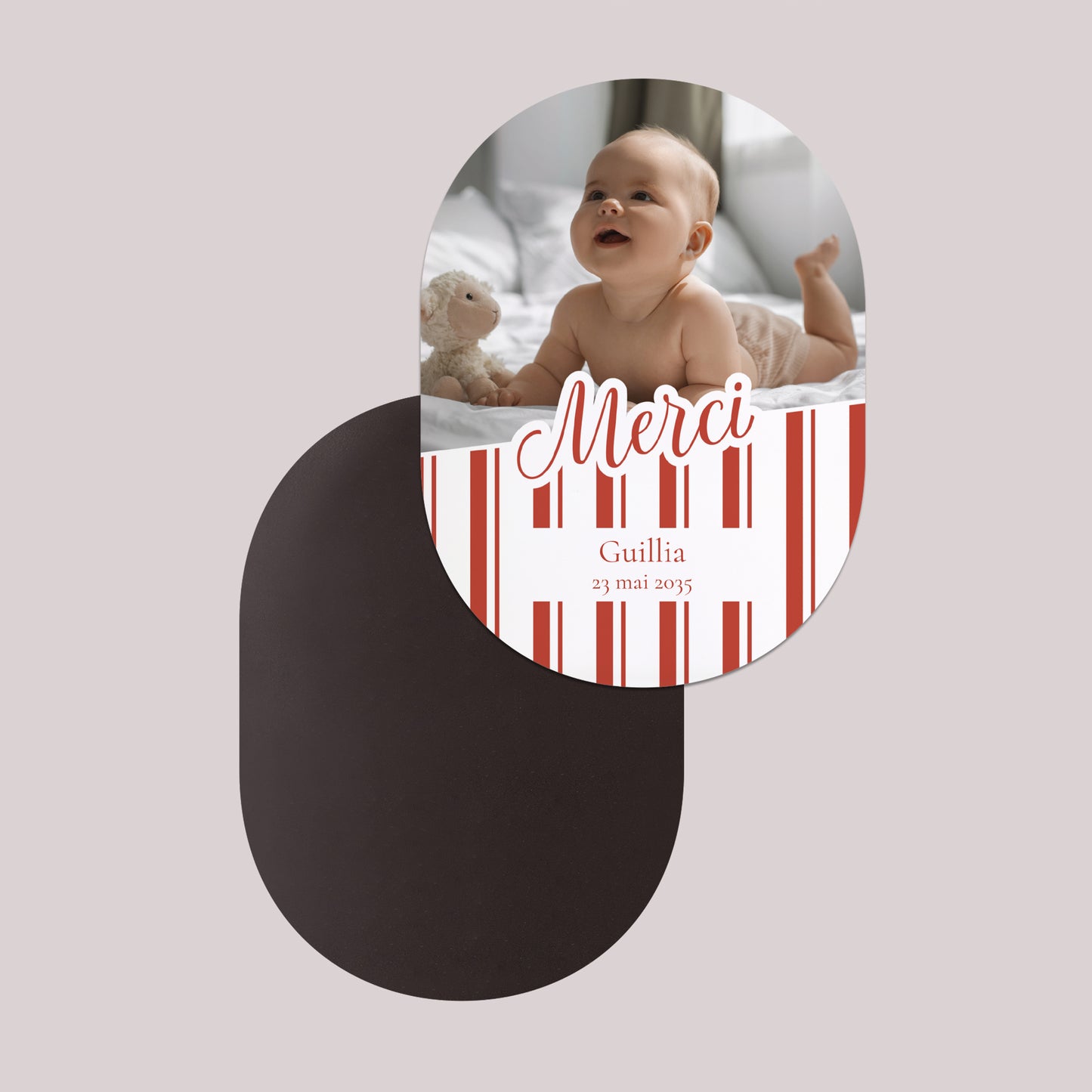 Remerciements Naissance Lot de 8, magnétique, ovale Notre bébé d'amour - Rayures photo N° 2