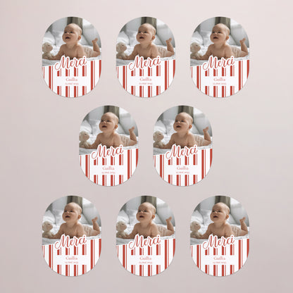 Remerciements Naissance Lot de 8, magnétique, ovale Notre bébé d'amour - Rayures photo N° 3