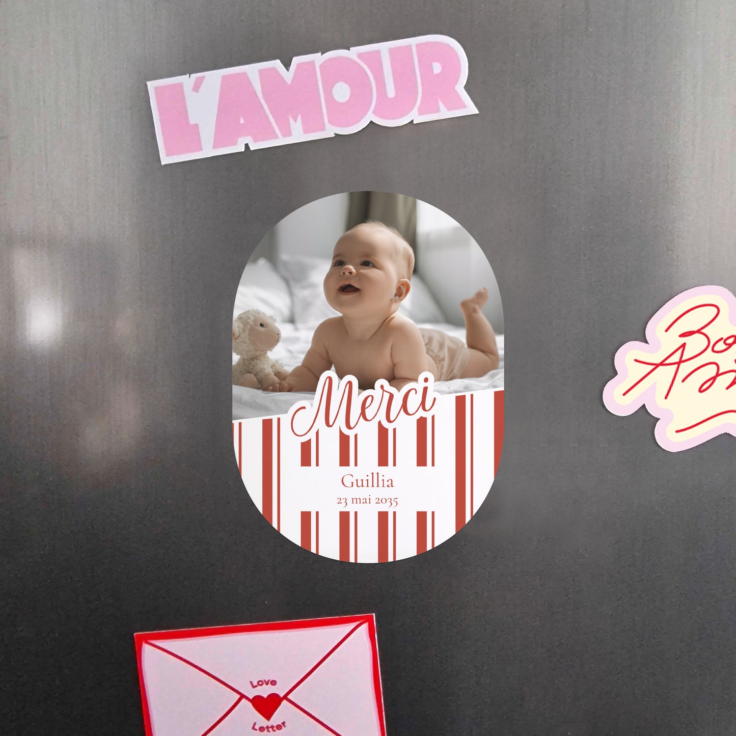Remerciements Naissance Lot de 8, magnétique, ovale Notre bébé d'amour - Rayures photo N° 4