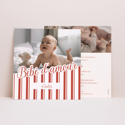 Faire-part Naissance Carré Notre bébé d'amour - Rayures photo N° 1