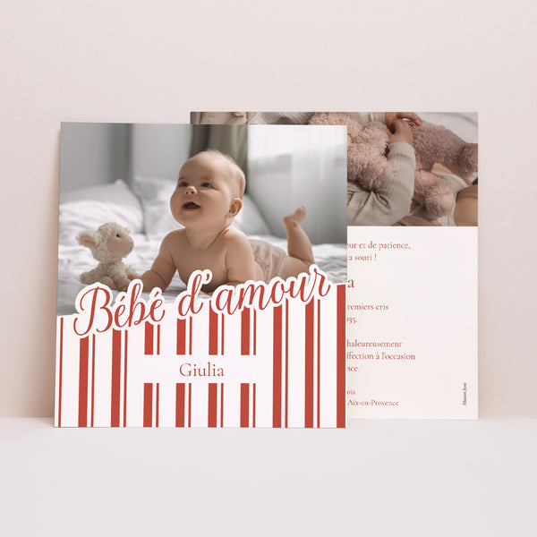Faire-part Naissance Carré Notre bébé d'amour - Rayures photo