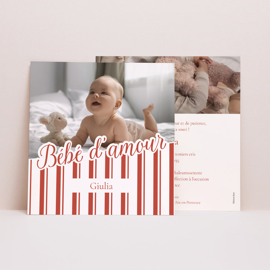 Faire-part Naissance Carré Notre bébé d'amour - Rayures photo