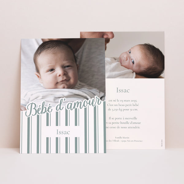 Faire-part Naissance Portrait Notre bébé d'amour - Rayures photo