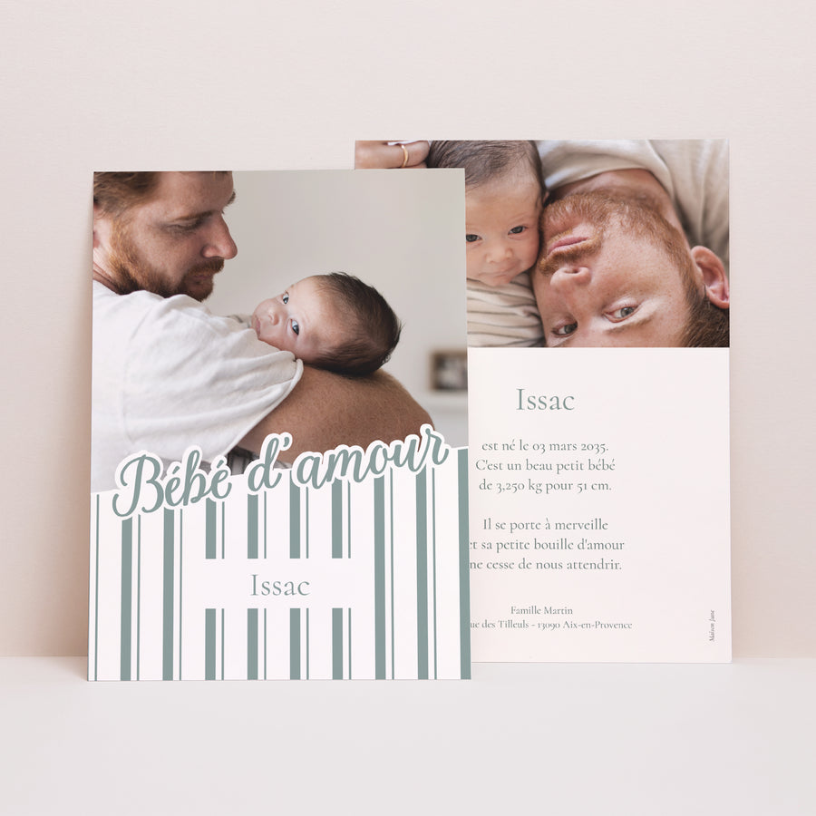 Faire-part Naissance Portrait Notre bébé d'amour - Rayures photo