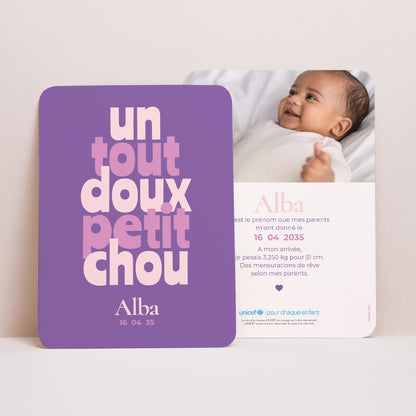 Faire-part Naissance Portrait, bords arrondis Un tout doux petit chou photo N° 1