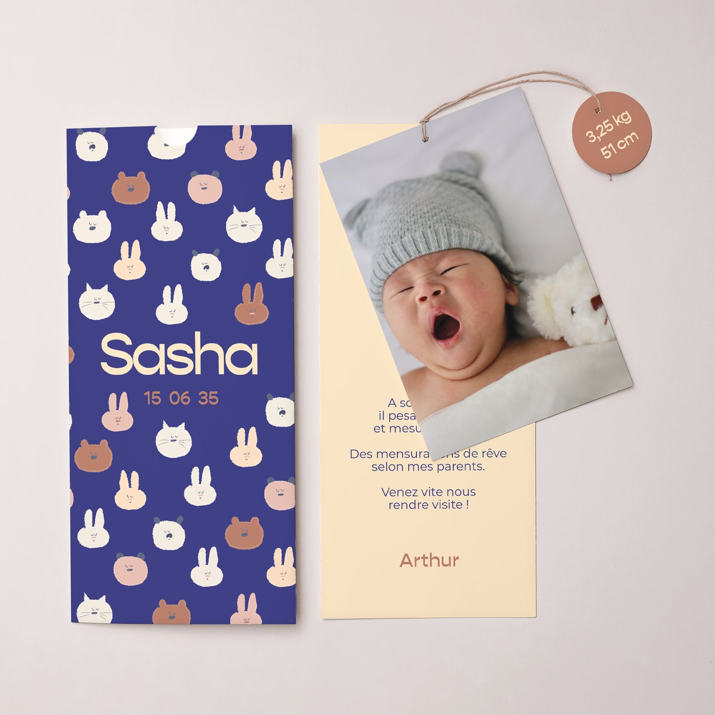 Faire-part Naissance Pochette portrait 2 cartes, étiquette Petites Bouilles photo N° 3