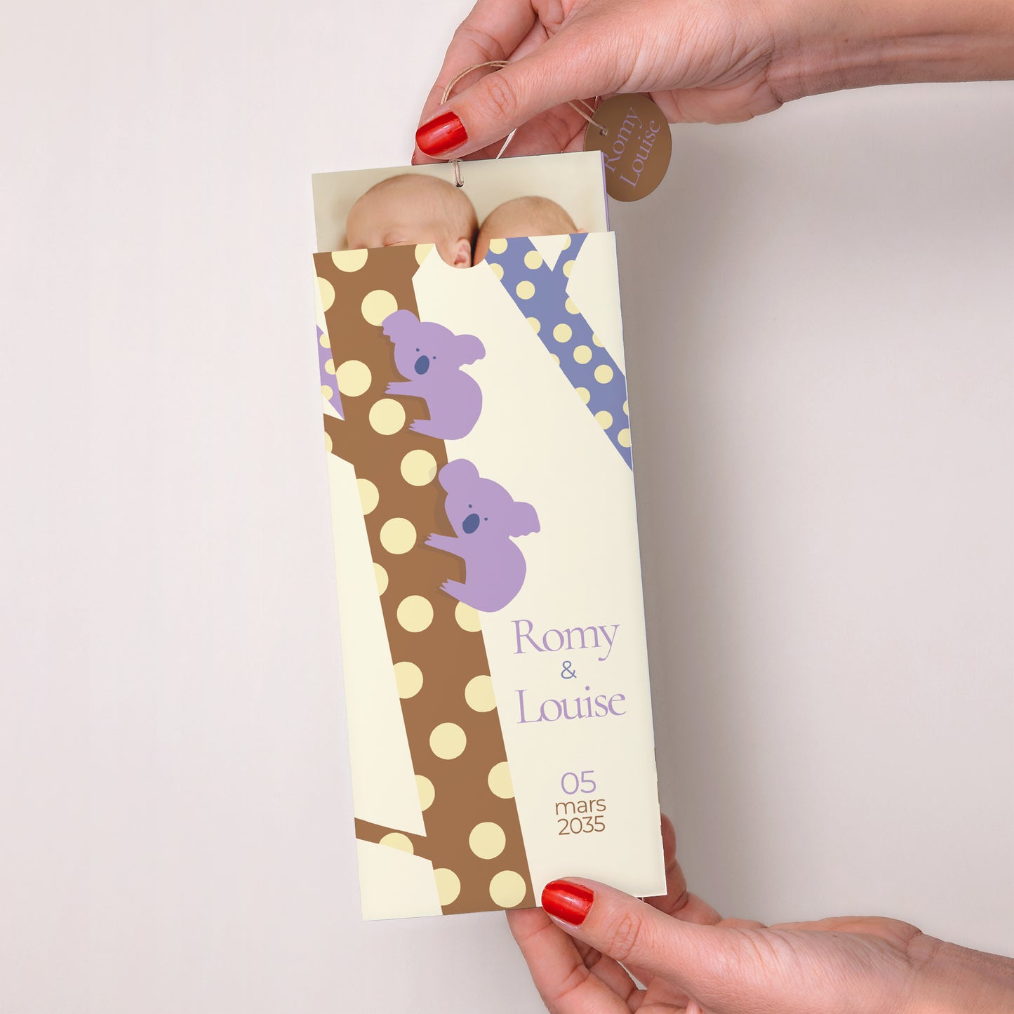 Faire-part Naissance Pochette portrait 2 cartes, étiquette Duo de Koalas photo N° 2