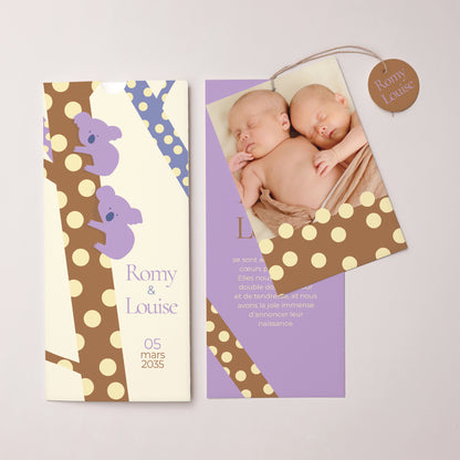 Faire-part Naissance Pochette portrait 2 cartes, étiquette Duo de Koalas photo N° 3