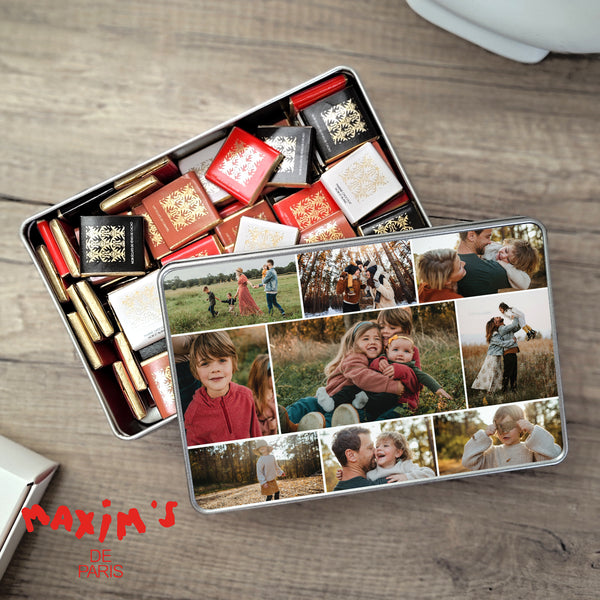 Boite métallique rectangle, garnie de chocolats Notre jolie famille photo