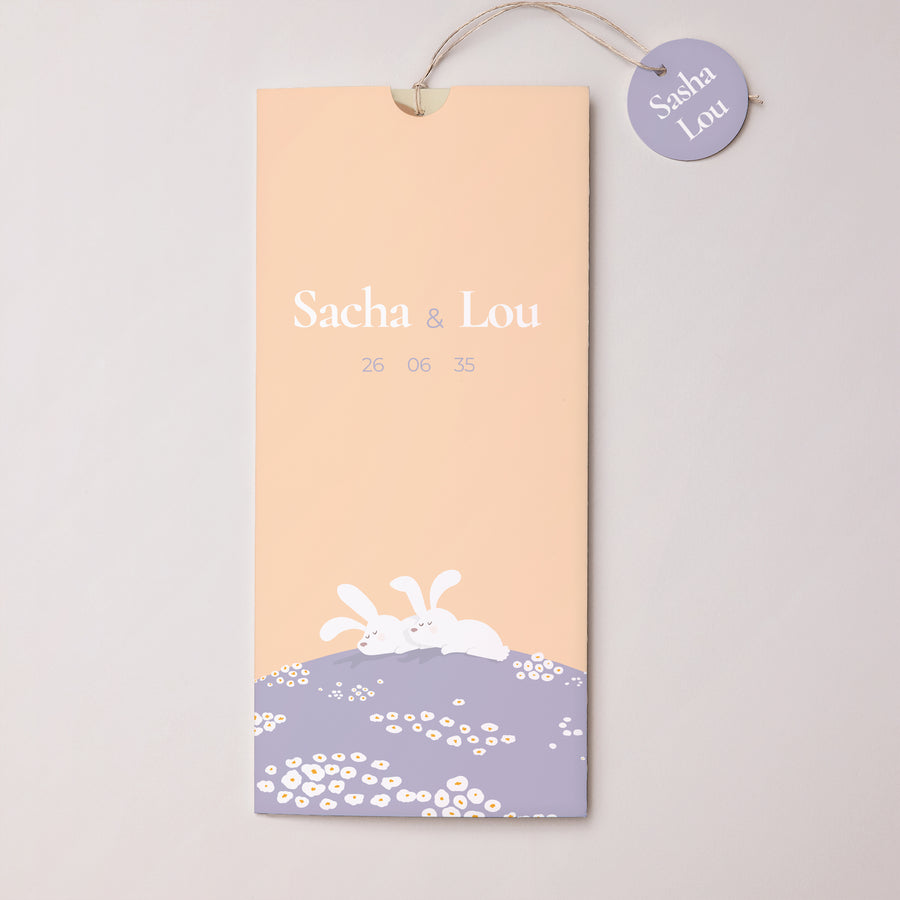 Faire-part Naissance Pochette portrait 2 cartes, étiquette Lapins jumeaux photo