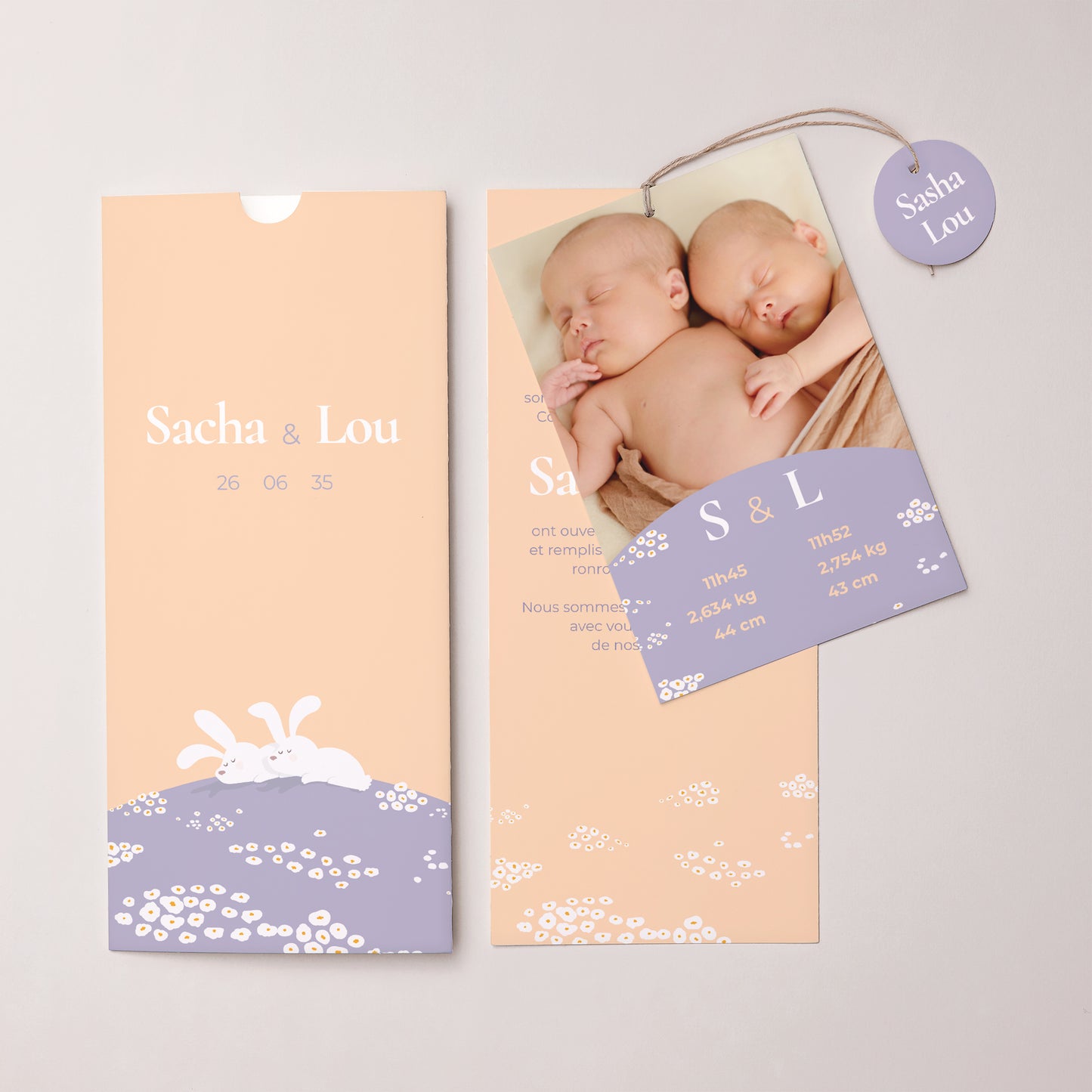 Faire-part Naissance Pochette portrait 2 cartes, étiquette Lapins jumeaux photo N° 3