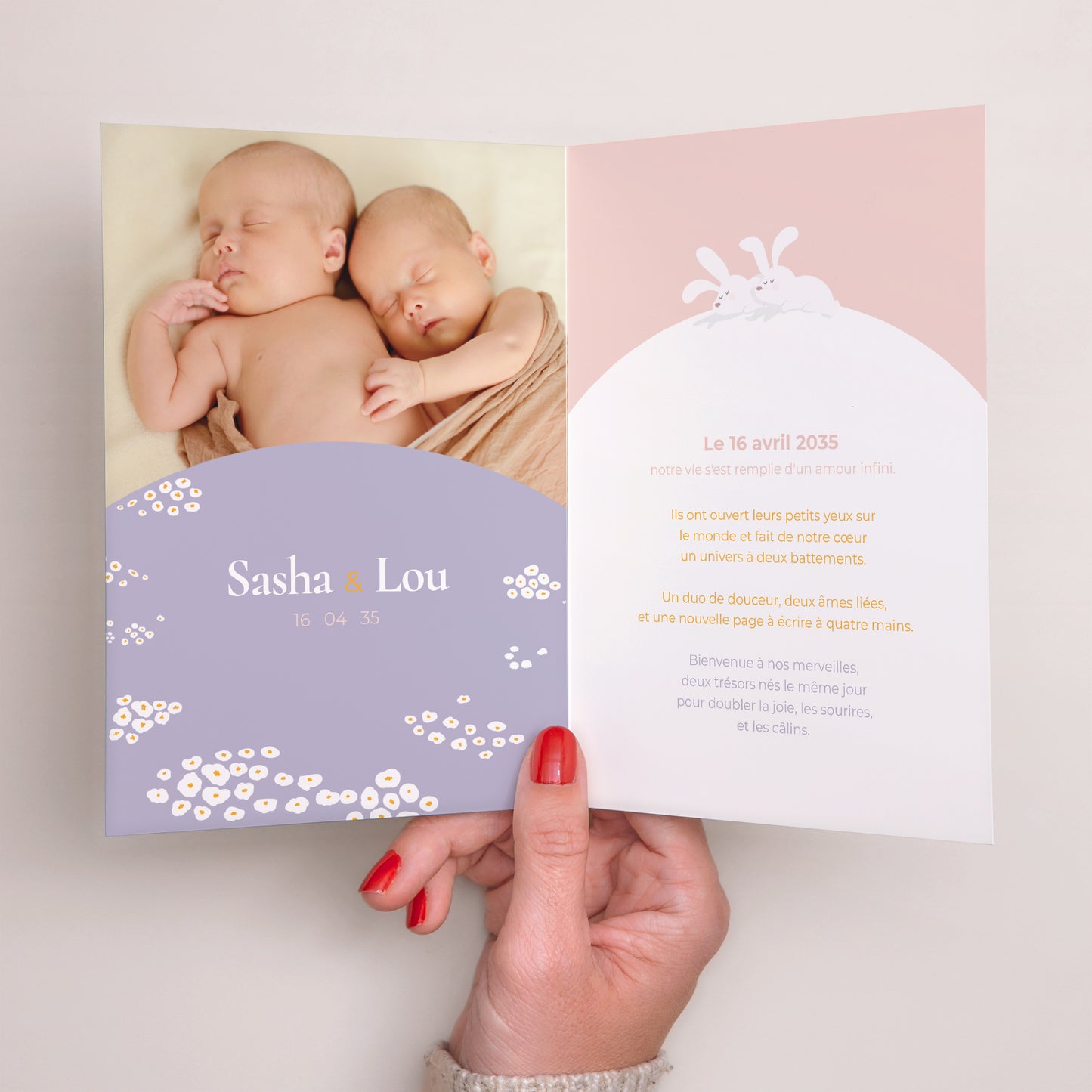 Faire-part Naissance Portrait double volet Lapins jumeaux photo N° 2
