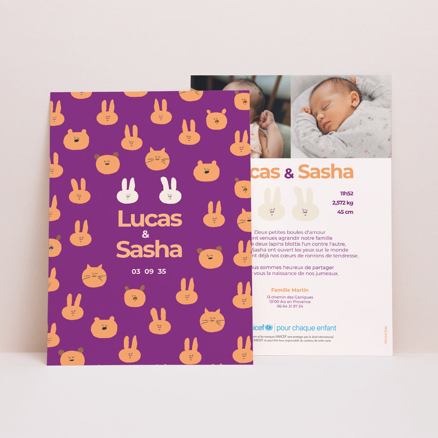 Faire-part Naissance Portrait Duo de petites bouilles photo