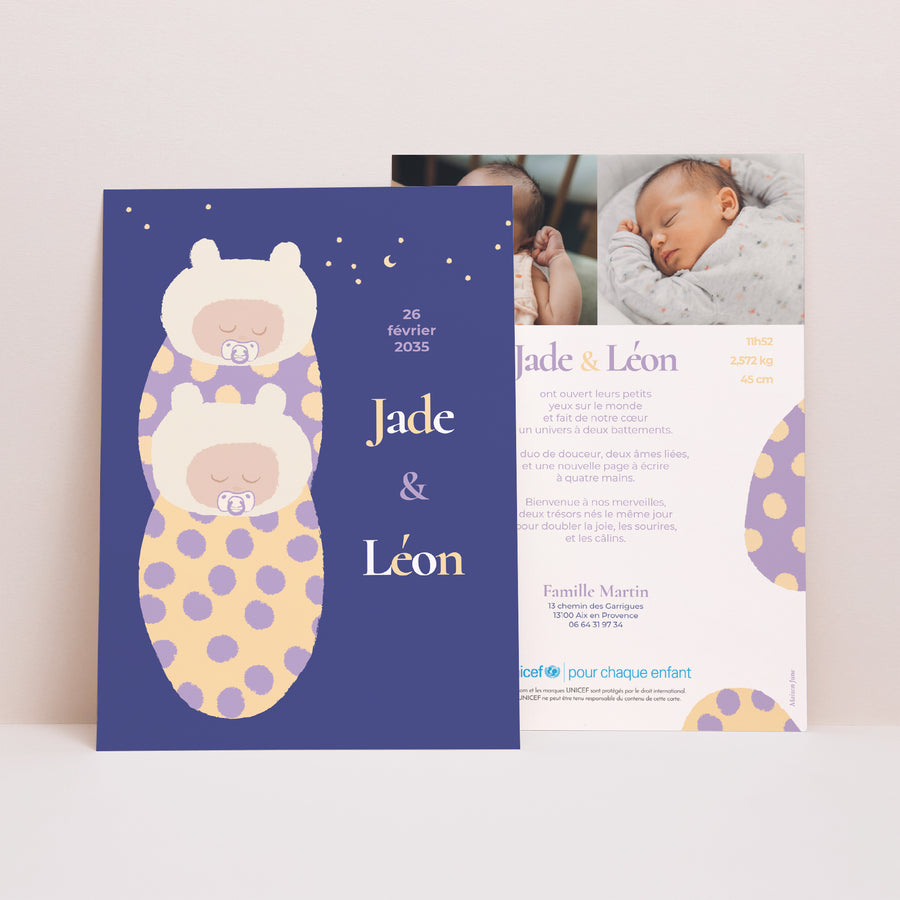 Faire-part Naissance Portrait Deux petits choux photo