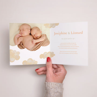 Faire-part Naissance Carré double volet Un nuage pour deux photo N° 2