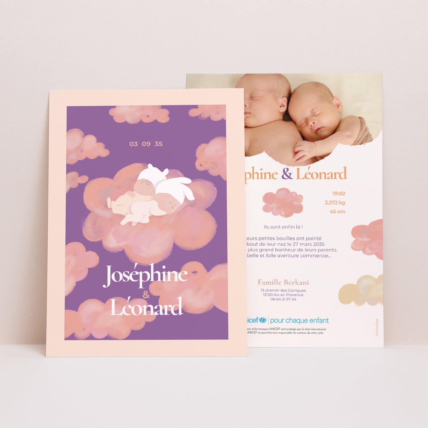 Faire-part Naissance Portrait Un nuage pour deux photo N° 1