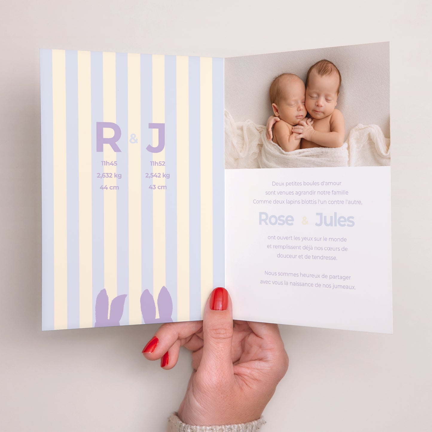 Faire-part Naissance Portrait double volet Jumeaux lapins photo N° 2