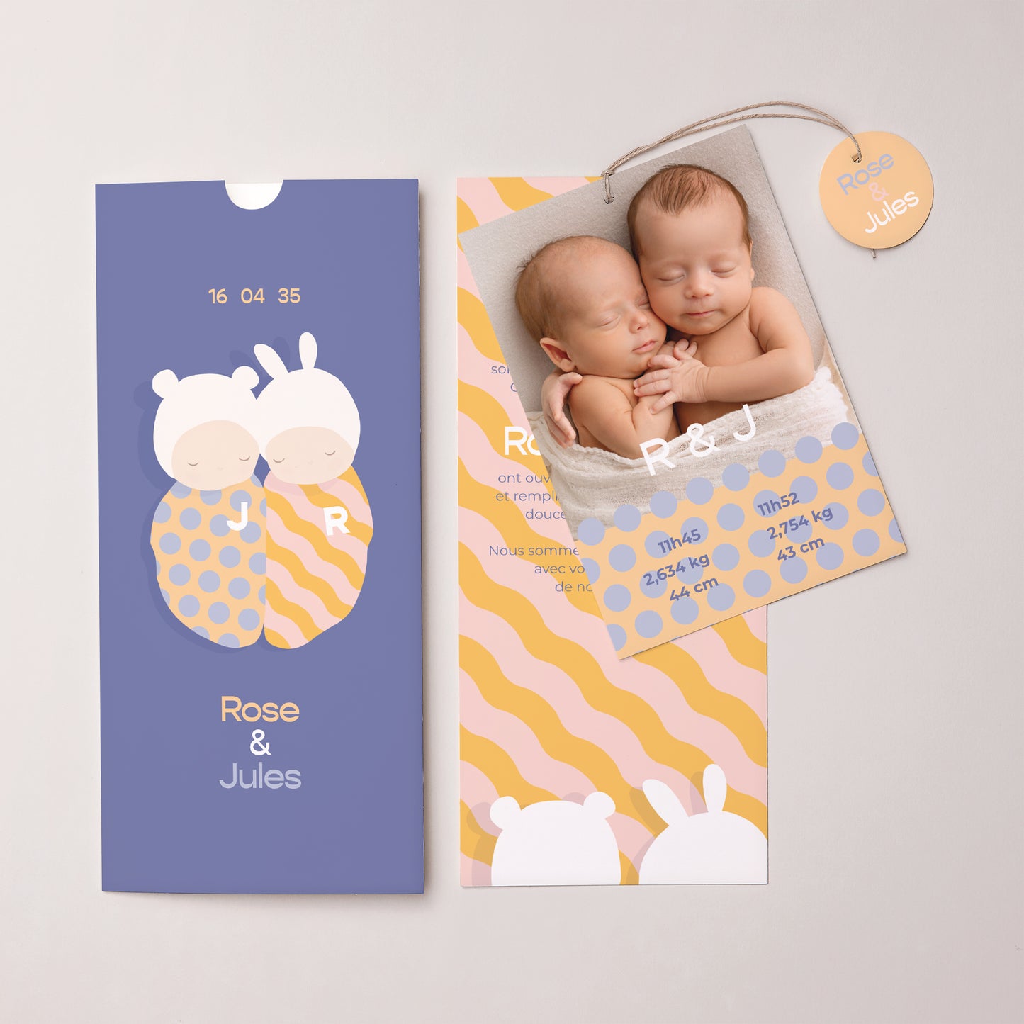 Faire-part Naissance Pochette portrait 2 cartes, étiquette Double cocons photo N° 3