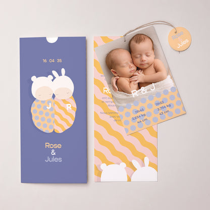 Faire-part Naissance Pochette portrait 2 cartes, étiquette Double cocons photo N° 3
