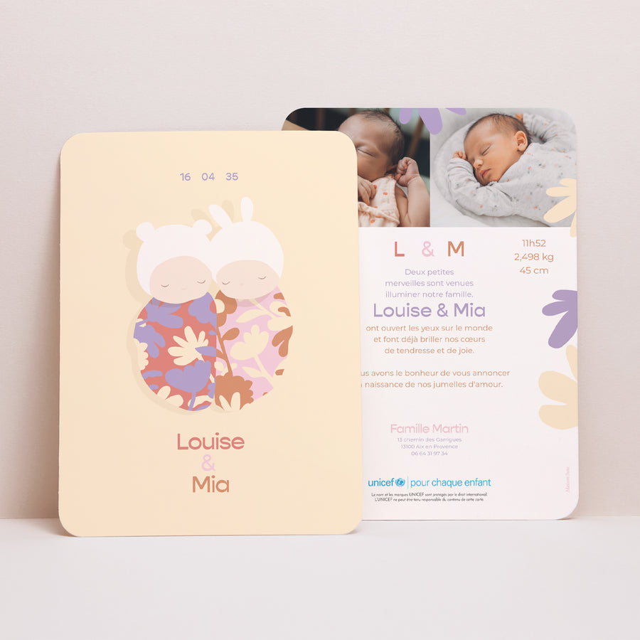 Faire-part Naissance Portrait, bords arrondis Deux doux cocons photo