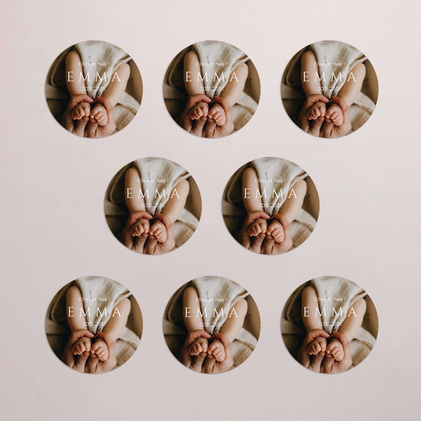 Faire-part Naissance Lot de 8, magnétique, rond, Ø 10cm L’empreinte du bonheur photo N° 3