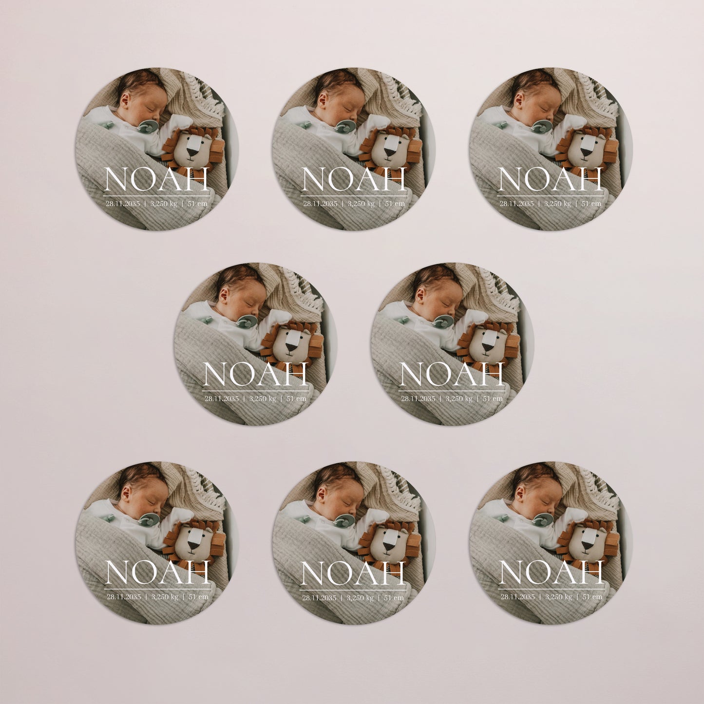 Faire-part Naissance Lot de 8, magnétique, rond, Ø 10cm Souvenirs de douceur photo N° 3