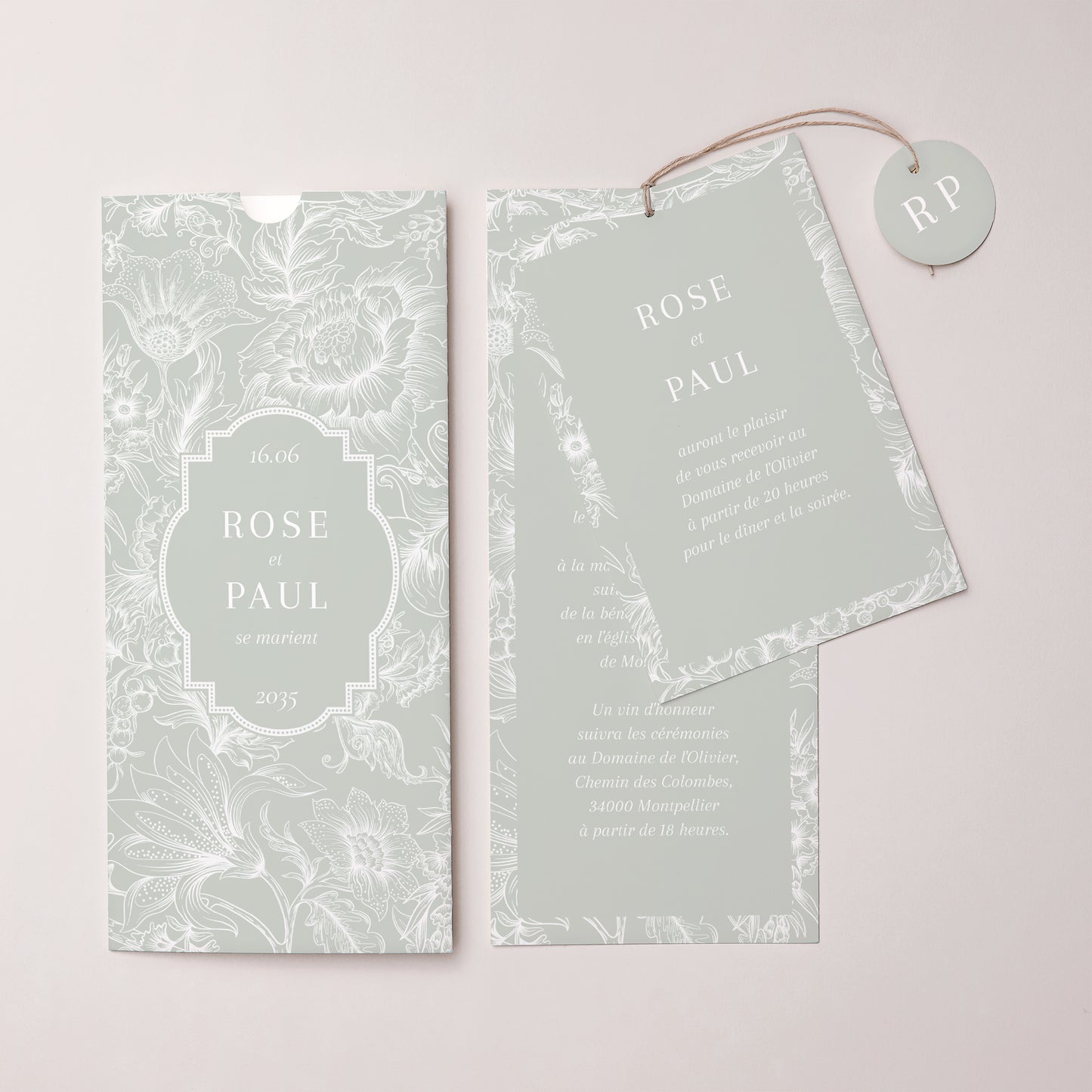 Faire-part Mariage Pochette portrait 2 cartes, étiquette Jardin d’Élégance photo N° 3
