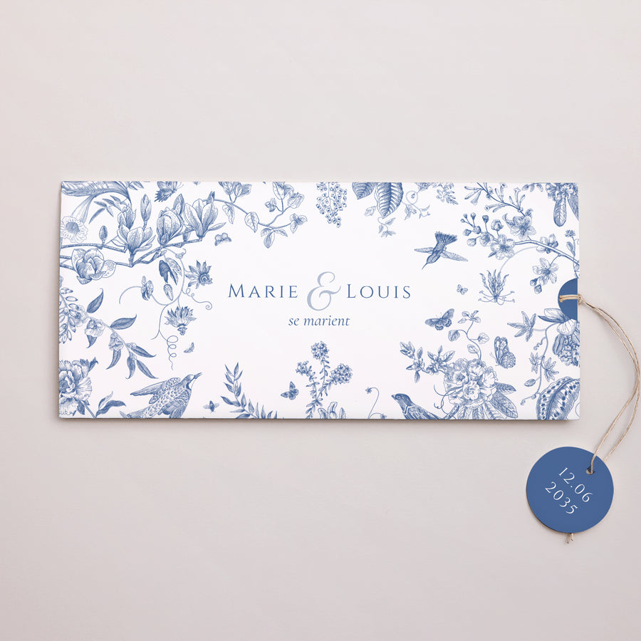 Faire-part Mariage Pochette 2 cartes, étiquette Azur Botanica photo