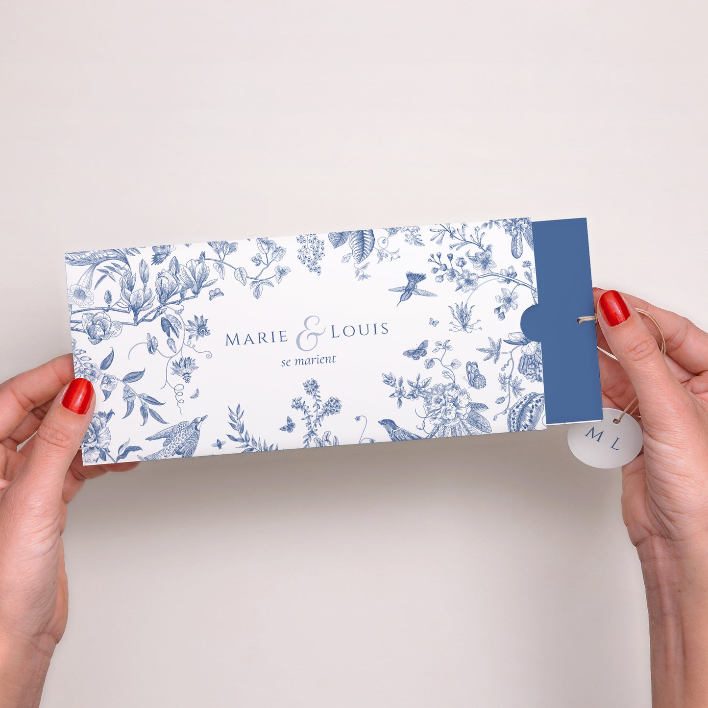 Faire-part Mariage Pochette 2 cartes, étiquette Azur Botanica photo N° 2