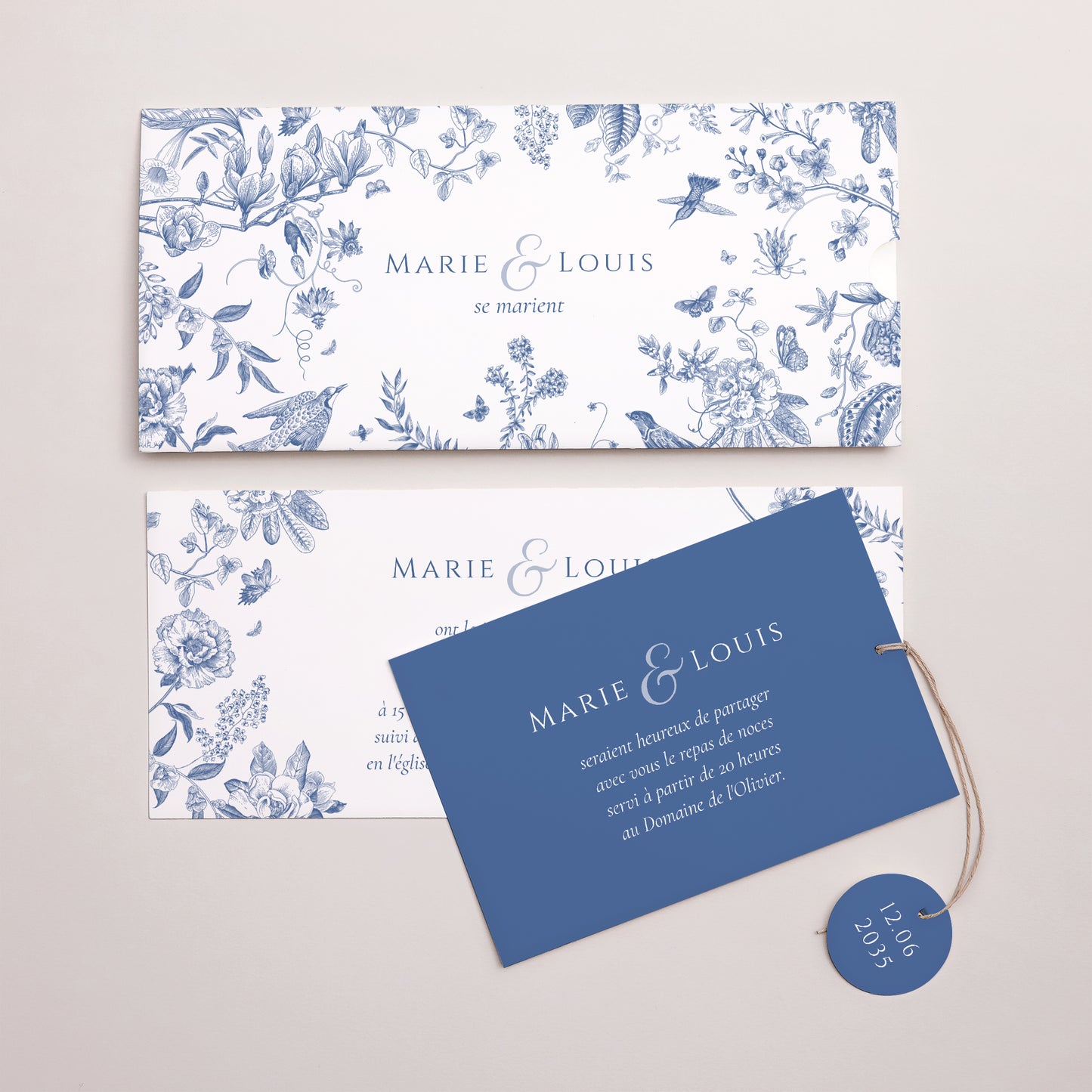 Faire-part Mariage Pochette 2 cartes, étiquette Azur Botanica photo N° 3