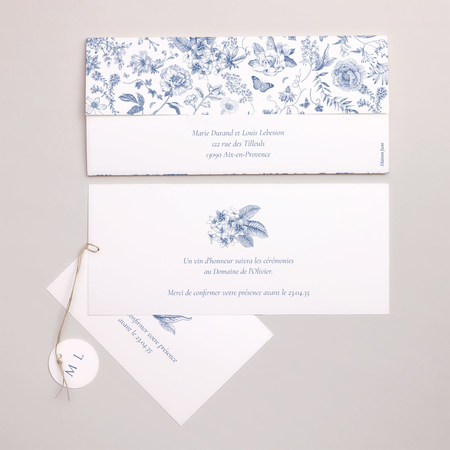 Faire-part Mariage Pochette 2 cartes, étiquette Azur Botanica photo N° 4
