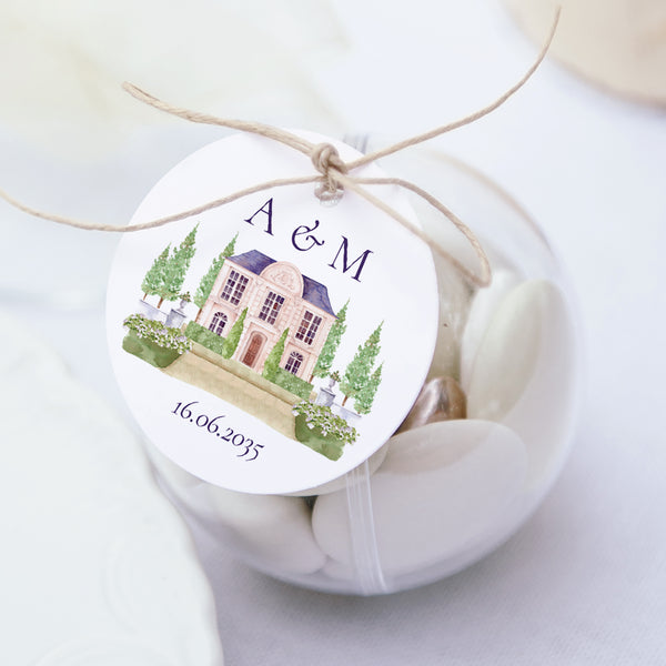 Boîte à dragées Mariage boule avec étiquette ronde Le Domaine de nos Cœurs photo