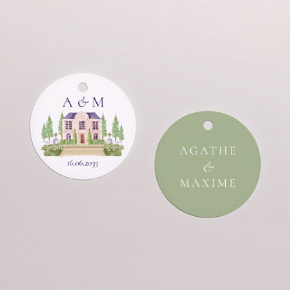 Boîte à dragées Mariage boule avec étiquette ronde Le Domaine de nos cœurs photo N° 3
