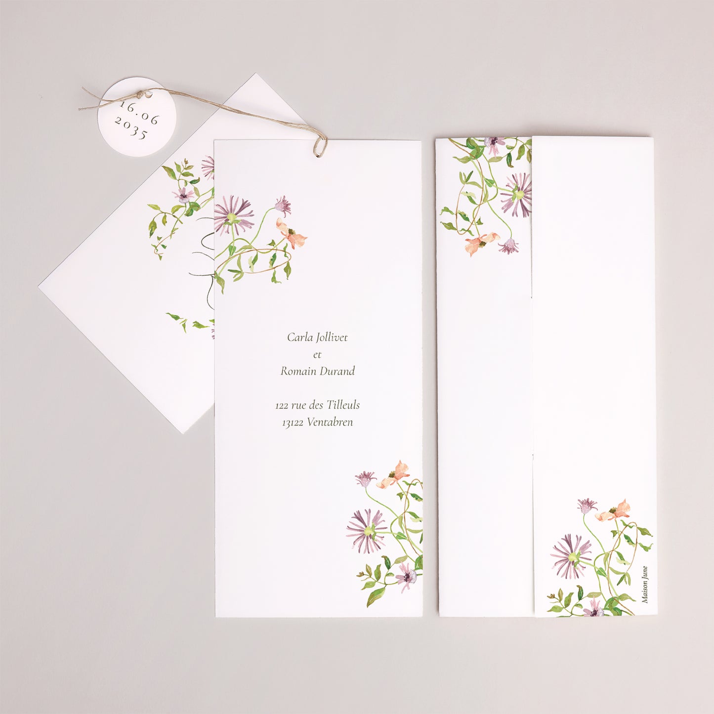 Faire-part Mariage Pochette portrait 2 cartes, étiquette La Promesse Fleurie photo N° 4