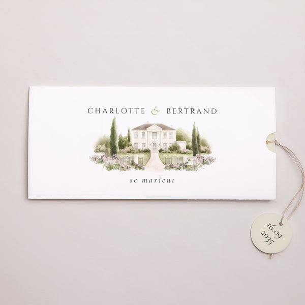 Faire-part Mariage Pochette 2 cartes, étiquette L’Écrin du Domaine photo