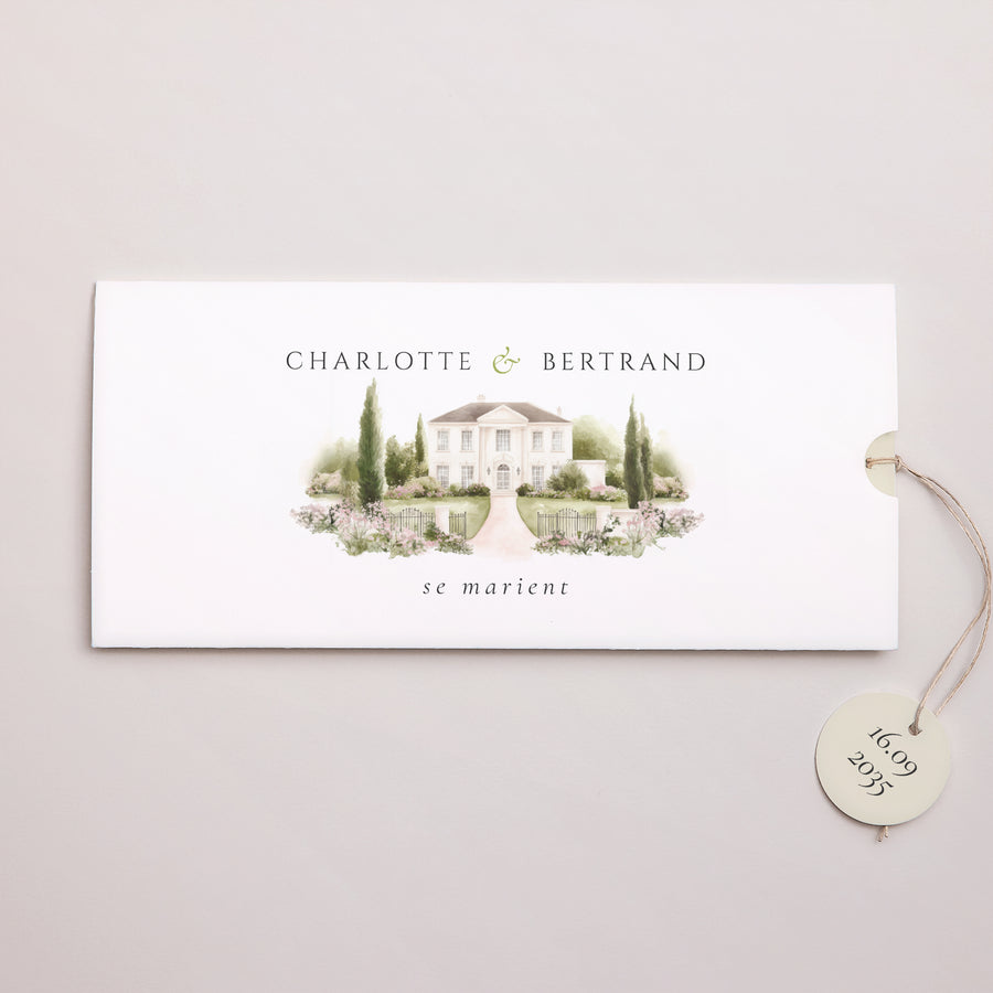 Faire-part Mariage Pochette 2 cartes, étiquette L’Écrin du Domaine photo
