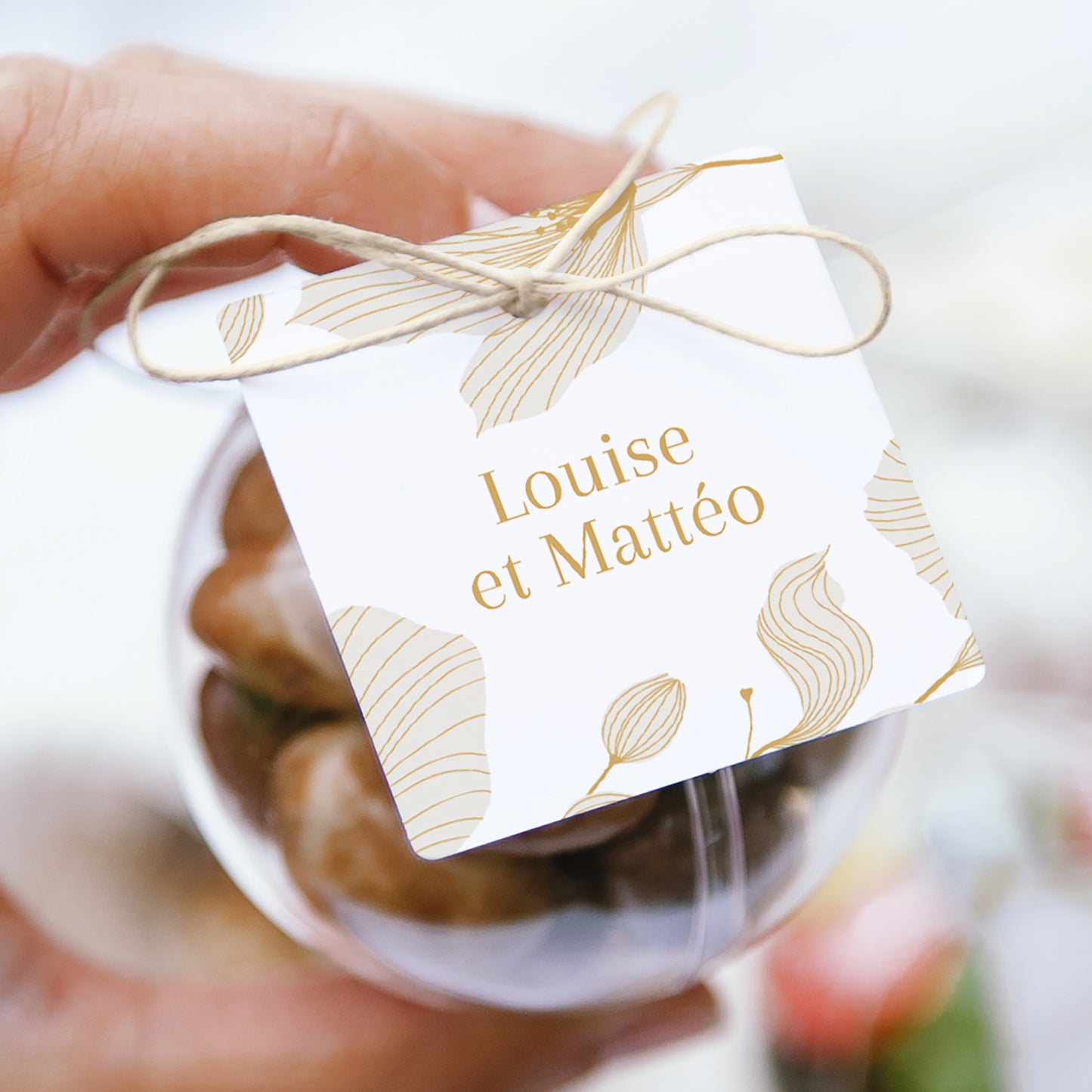 Boîte à dragées Mariage boule avec étiquette carrée Linéa d’Or photo N° 1