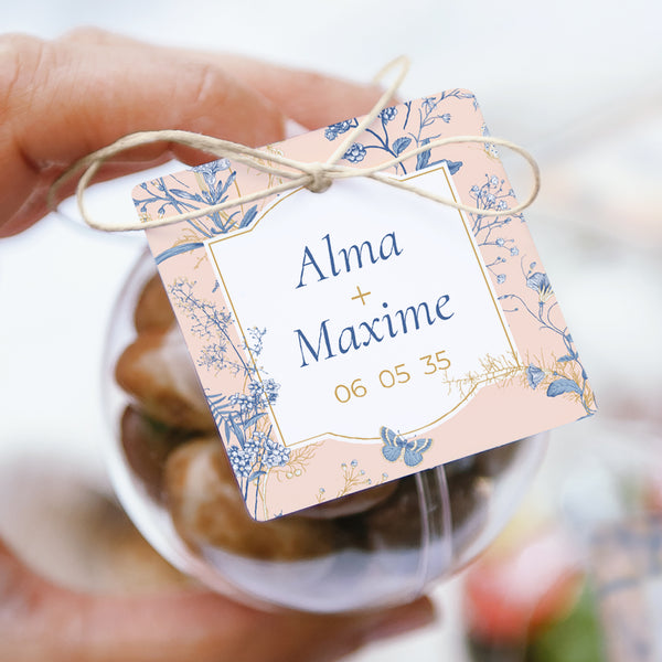 Boîte à dragées Mariage boule avec étiquette carrée Herbes Folles photo