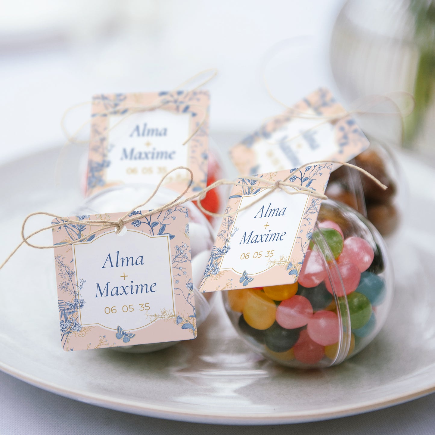 Boîte à dragées Mariage boule avec étiquette carrée Herbes Folles photo N° 2