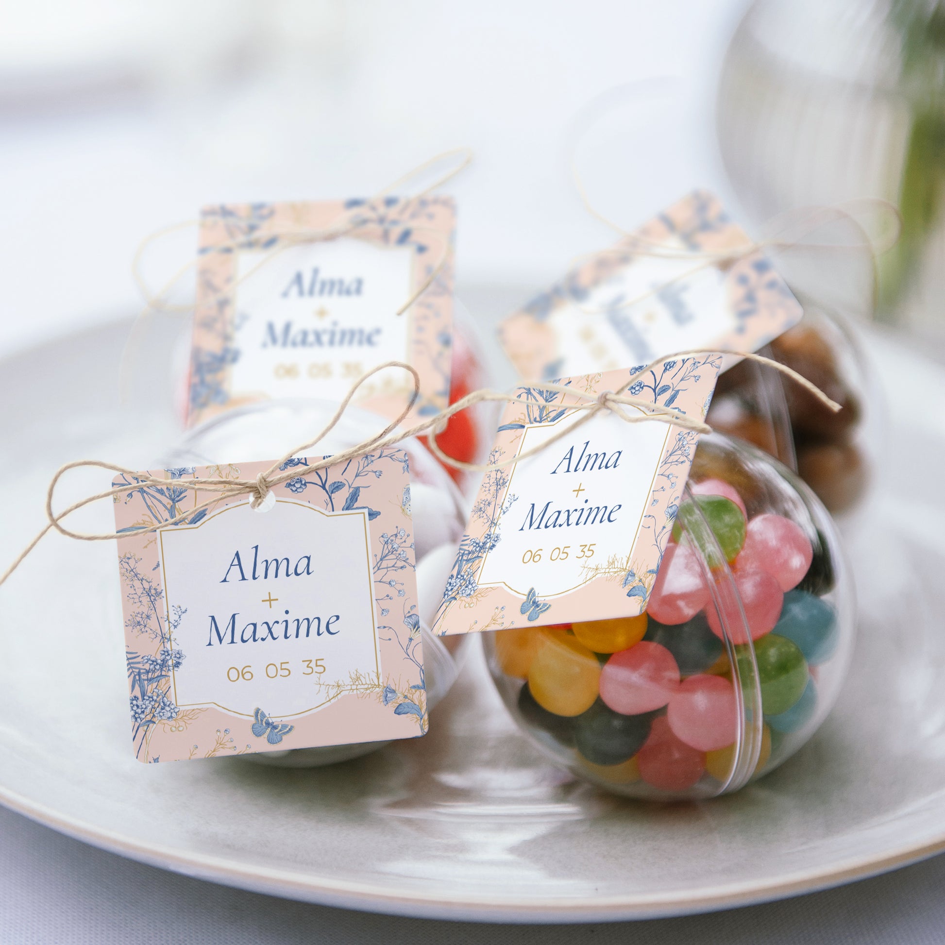 Boîte à dragées Mariage boule avec étiquette carrée Herbes Folles photo N° 2