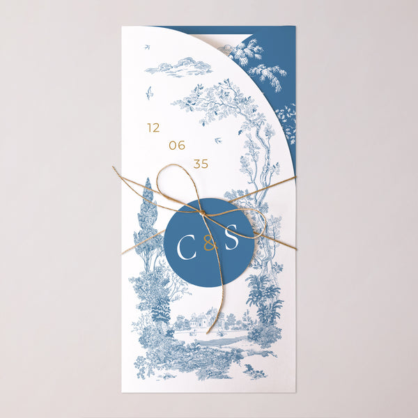 Faire-part Mariage Pochette, 2 cartes, étiquette ronde Les Jardins Bleus photo