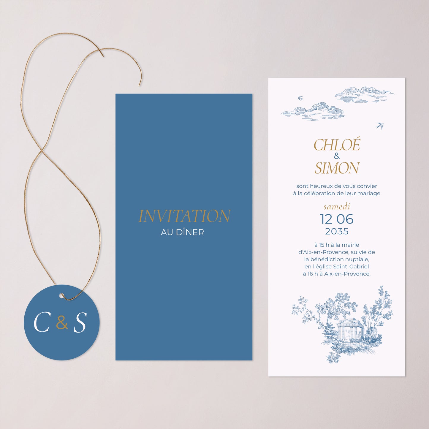 Faire-part Mariage Pochette, 2 cartes, étiquette ronde Les jardins bleus photo N° 3