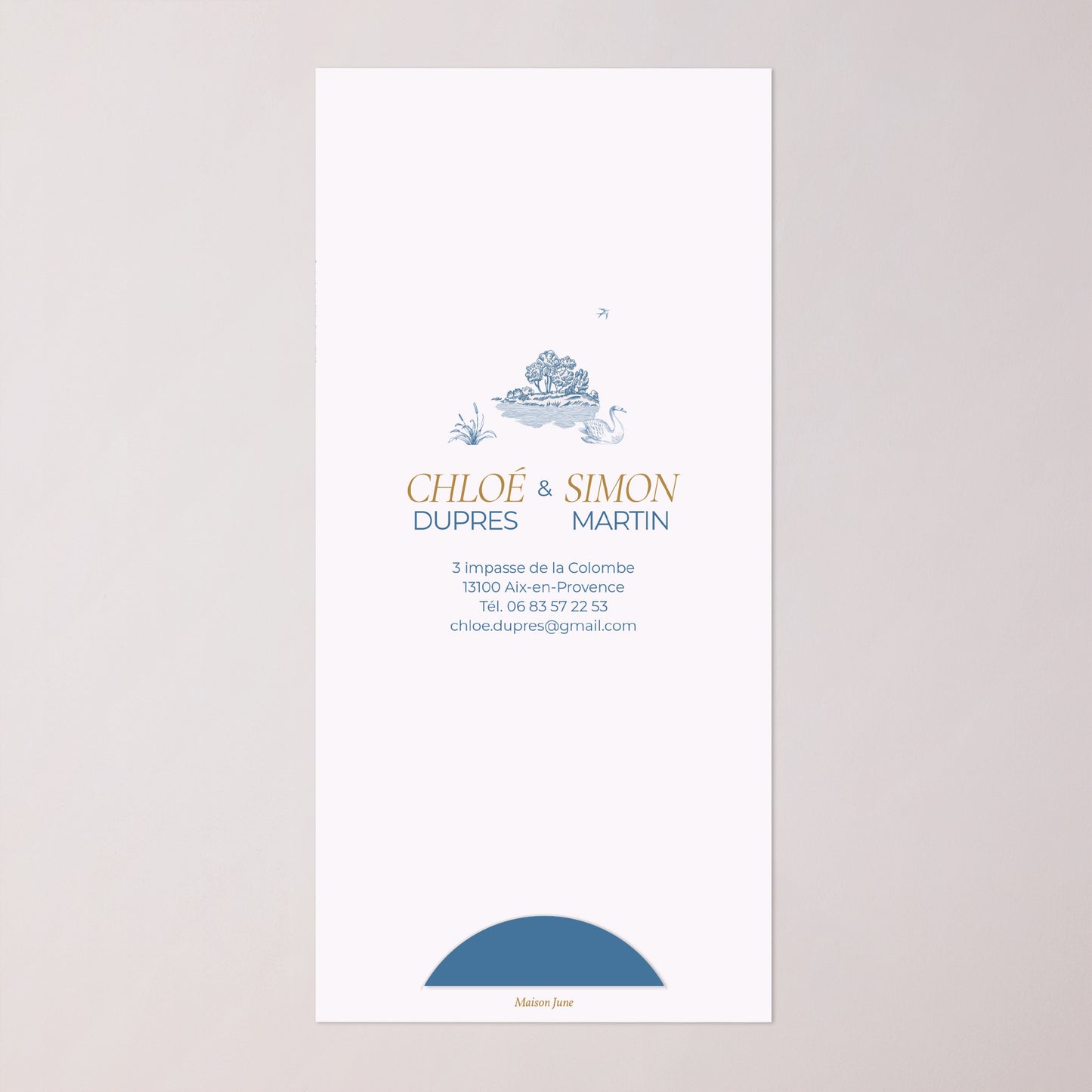 Faire-part Mariage Pochette, 2 cartes, étiquette ronde Les jardins bleus photo N° 4