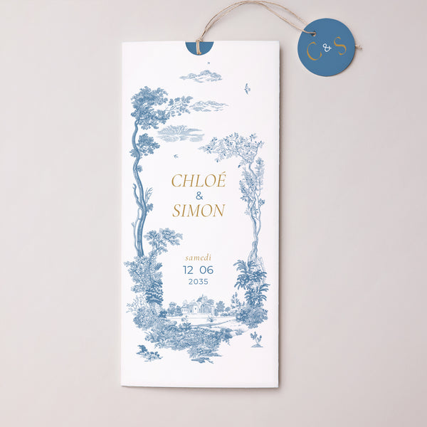 Faire-part Mariage Pochette portrait 2 cartes, étiquette Les Jardins Bleus photo